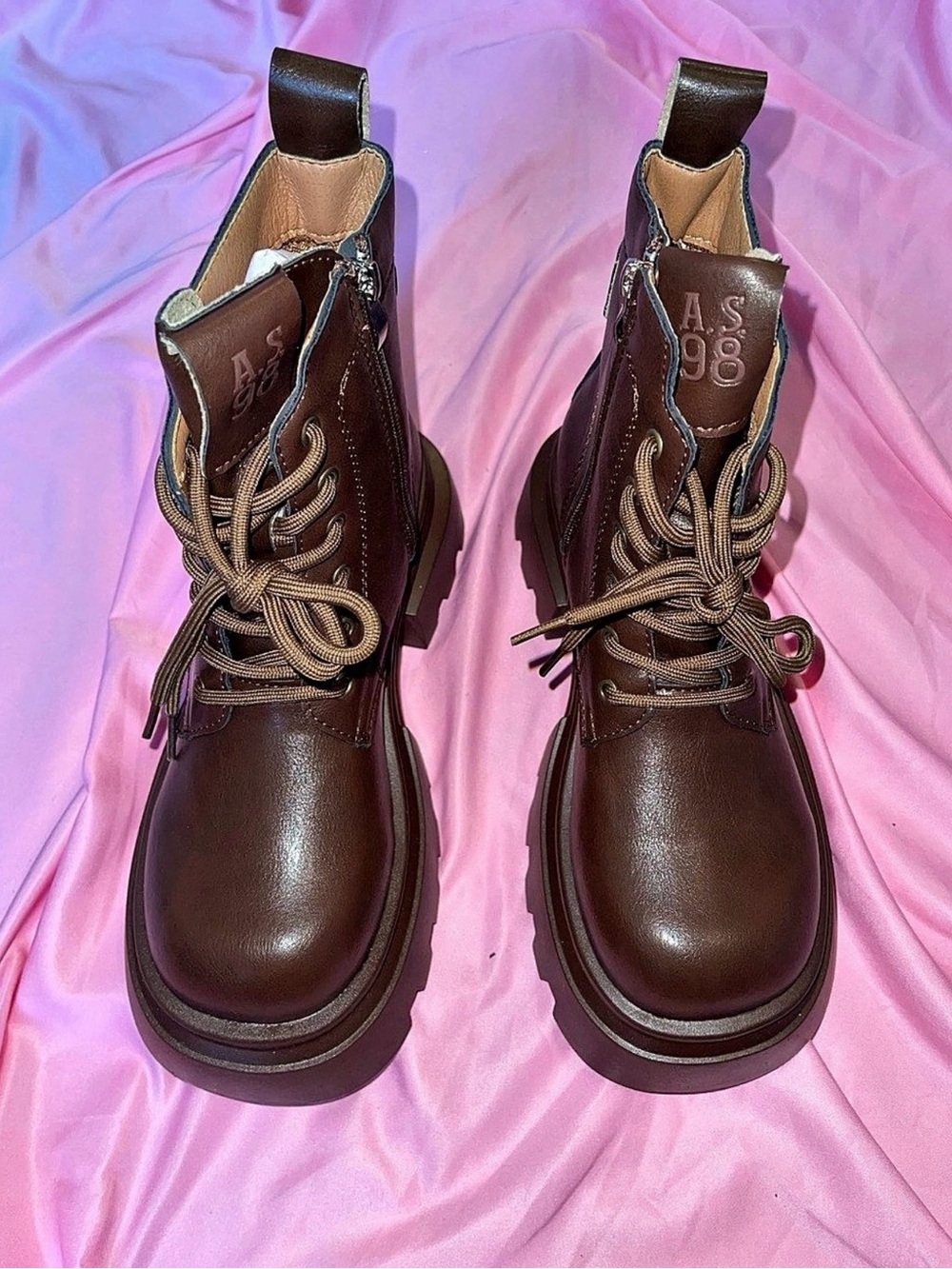 A.S.98 Womens Brown Leather Lace-Up Combat Boots new